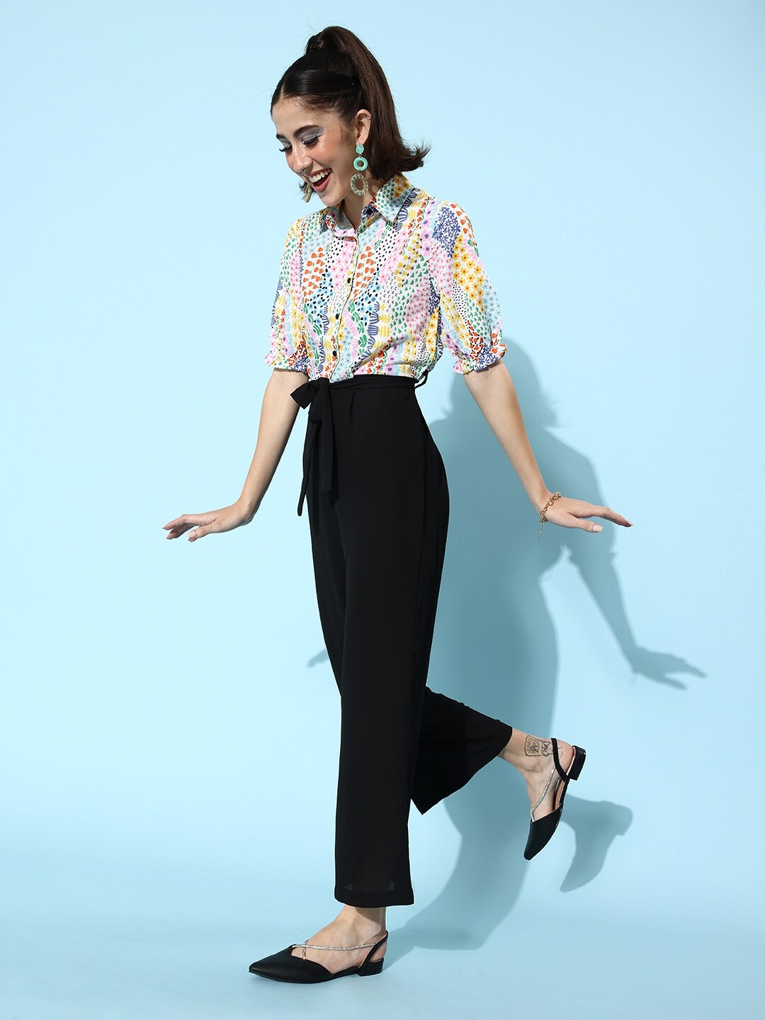 

StyleStone Pink & Black Printed Shirt Collar Basic Jumpsuit
