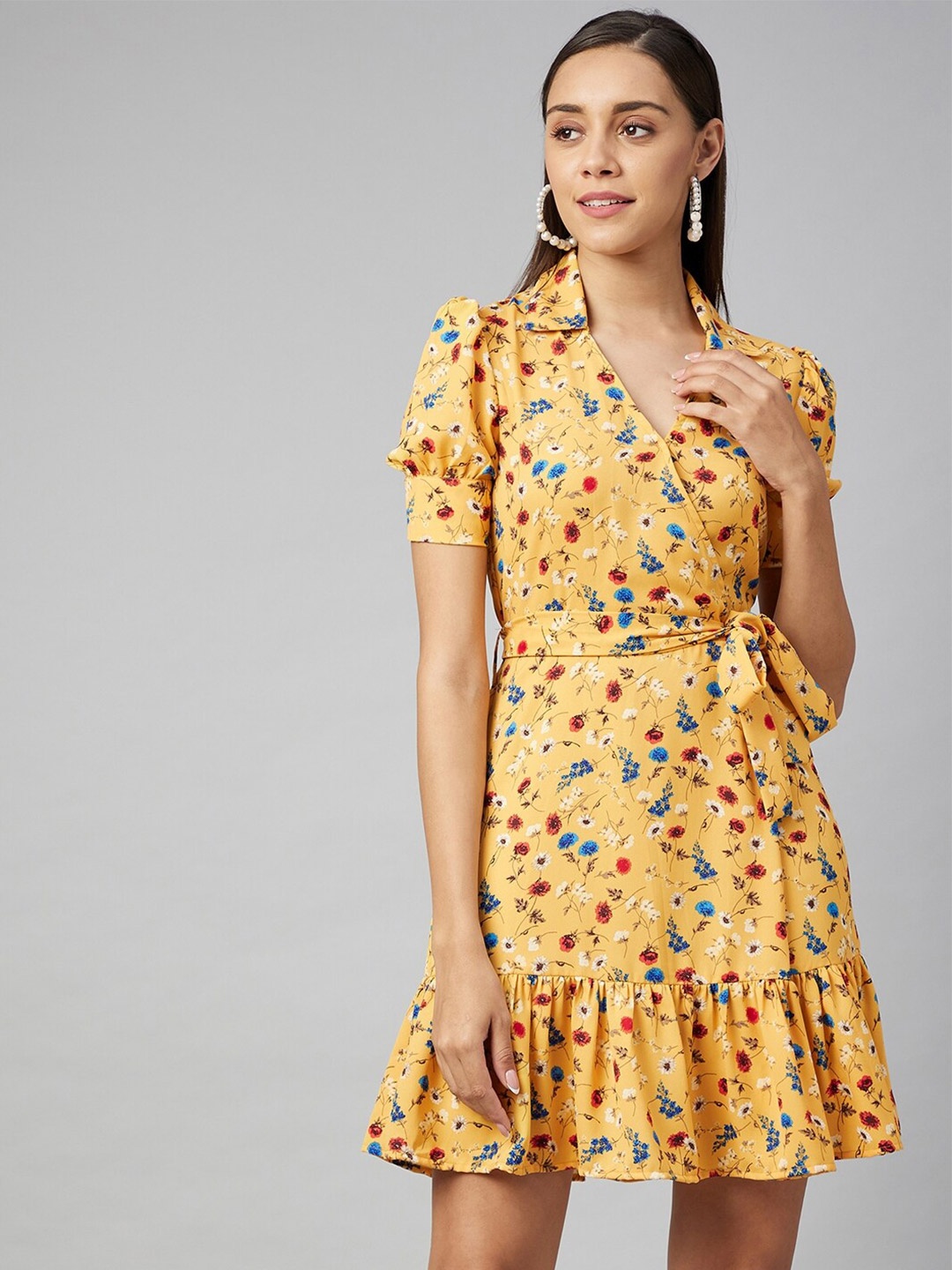 

StyleStone Floral Printed Puff Sleeve Crepe Wrap Dress with Belt, Yellow