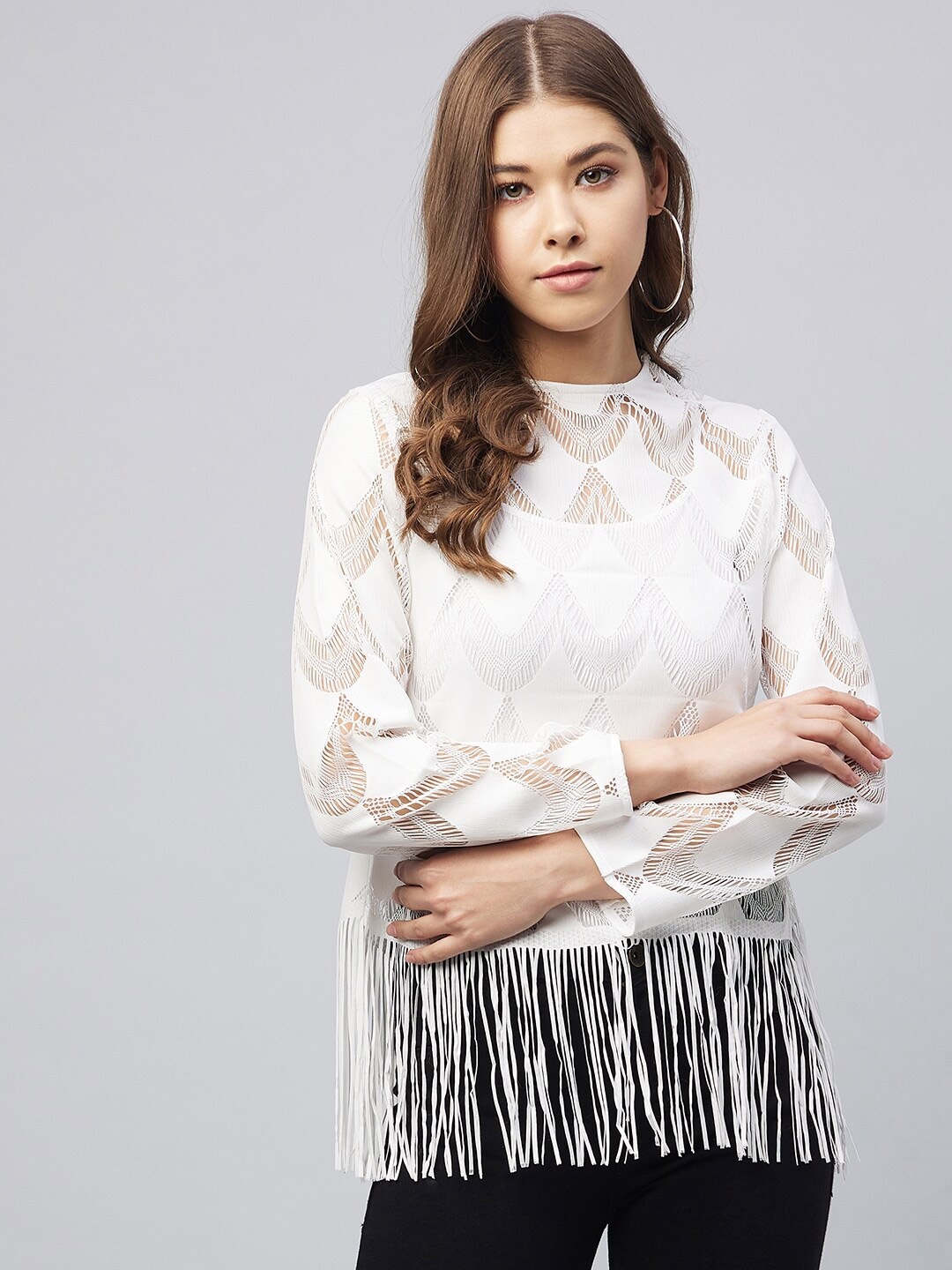 

StyleStone White Self Design Fringed Net Top