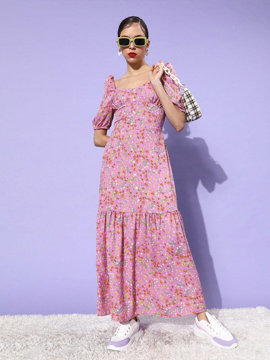 

StyleStone Floral Printed Sweetheart Neck Georgette Maxi A-Line Dress, Pink