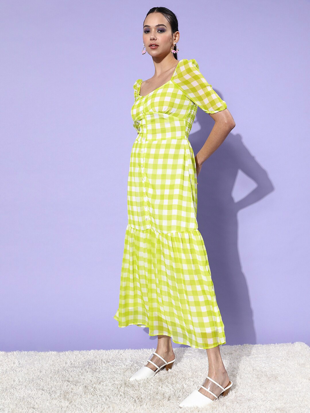 

StyleStone Checked Georgette Sweetheart Neck Puff Sleeves A-Line Dress, Lime green