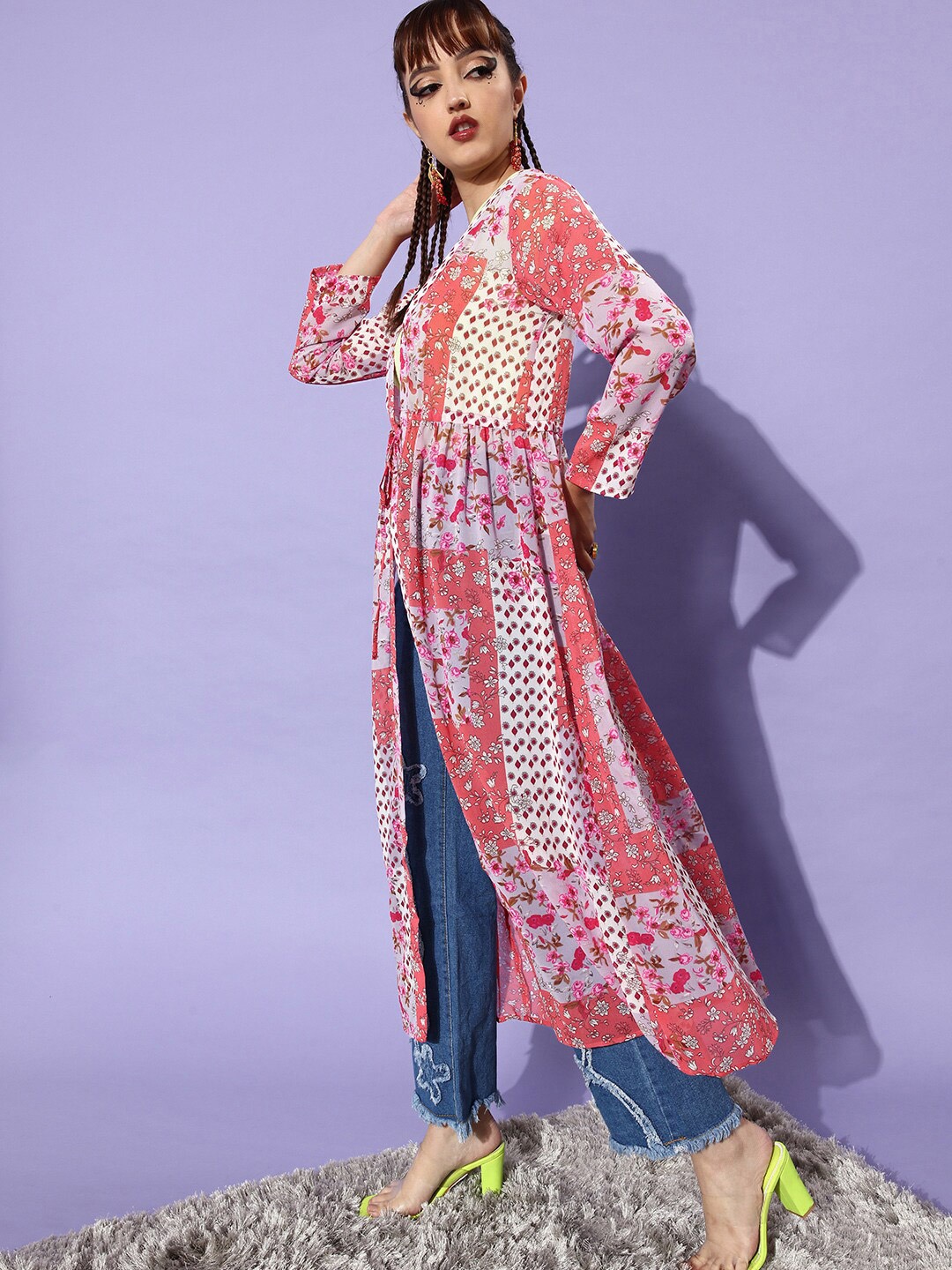

StyleStone Pink & Coral Floral Printed Longline Tie-Up Shrug