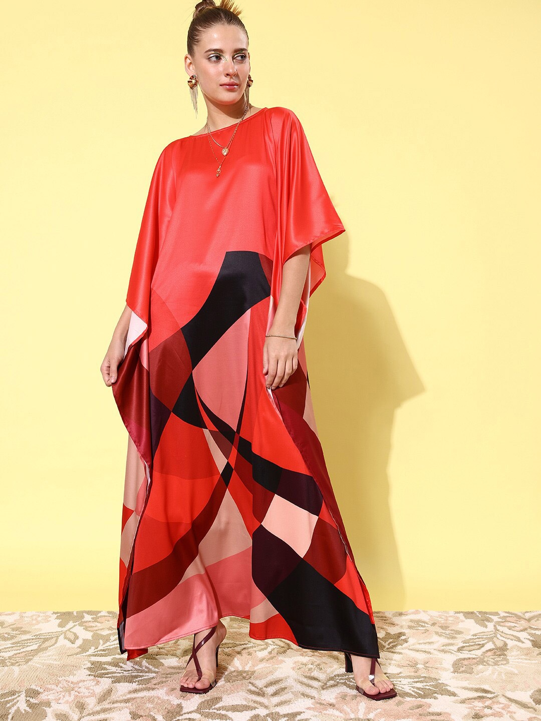 

StyleStone Abstract Print Satin Maxi Kaftan Dress, Red
