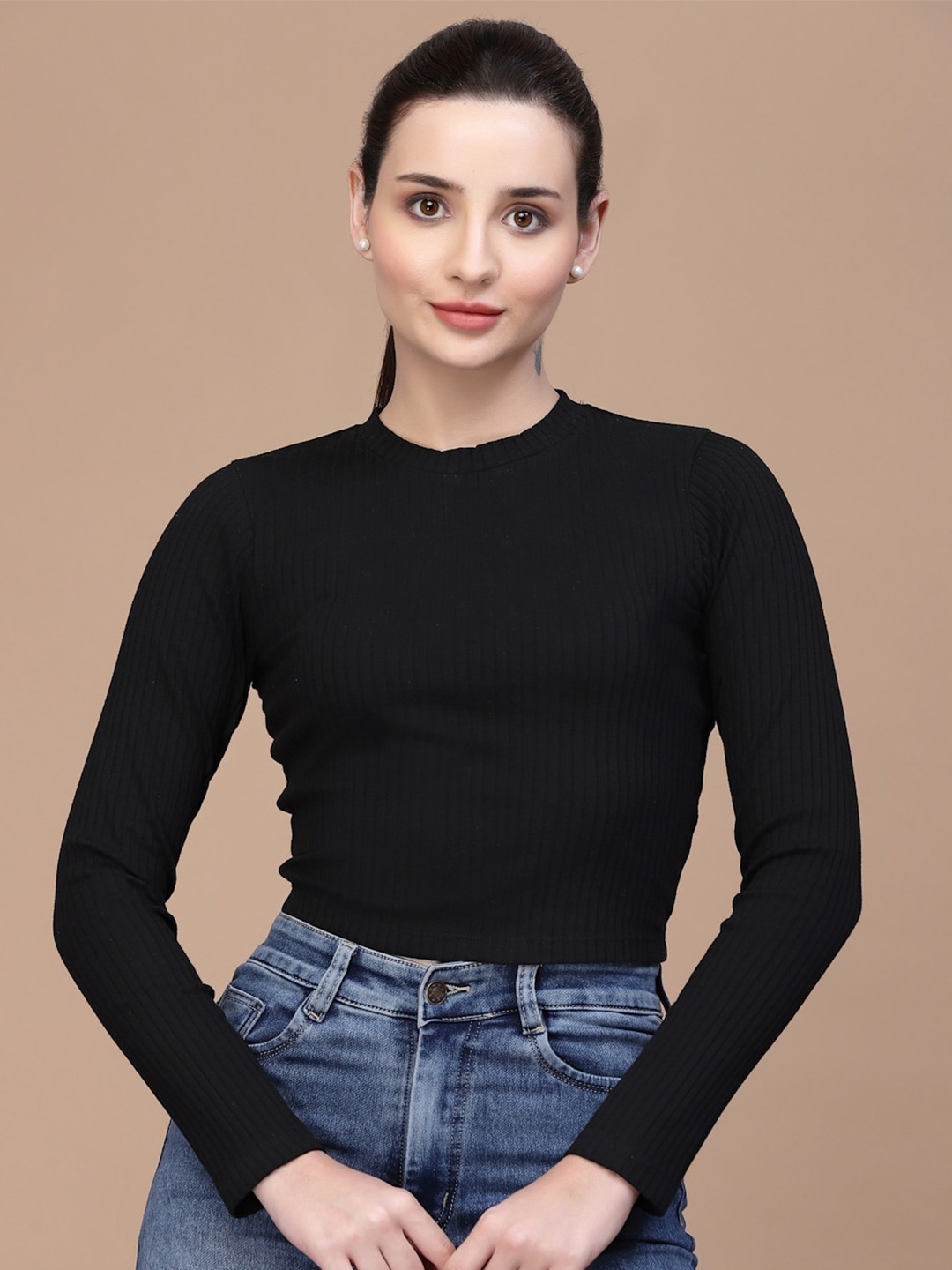 

Strong And Brave Odour Free High Neck Tie Ups Cotton Crop Top, Black