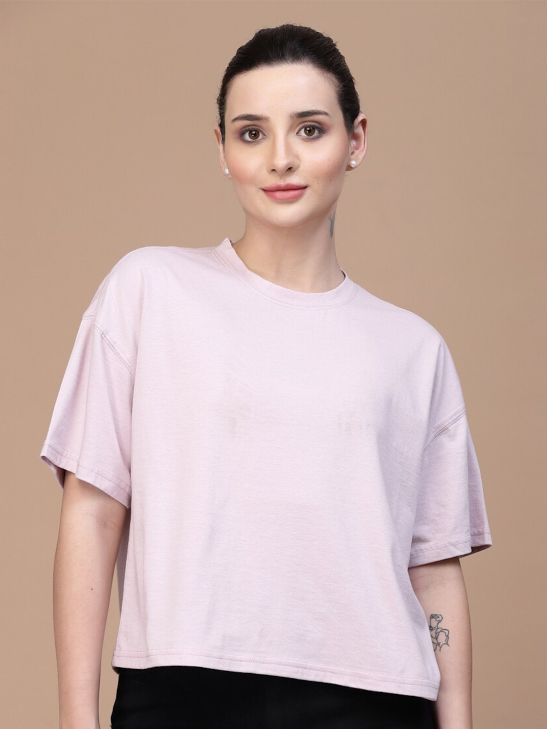 

Strong And Brave Round Neck Drop-Shoulder Sleeves Boxy Fit Odour Free Cotton T-shirt, Pink