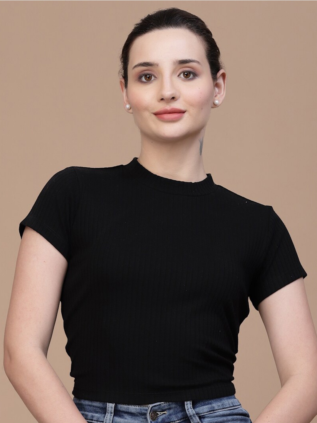 

Strong And Brave Women Odour Free High Neck Cut Out Cotton Crop Top, Black