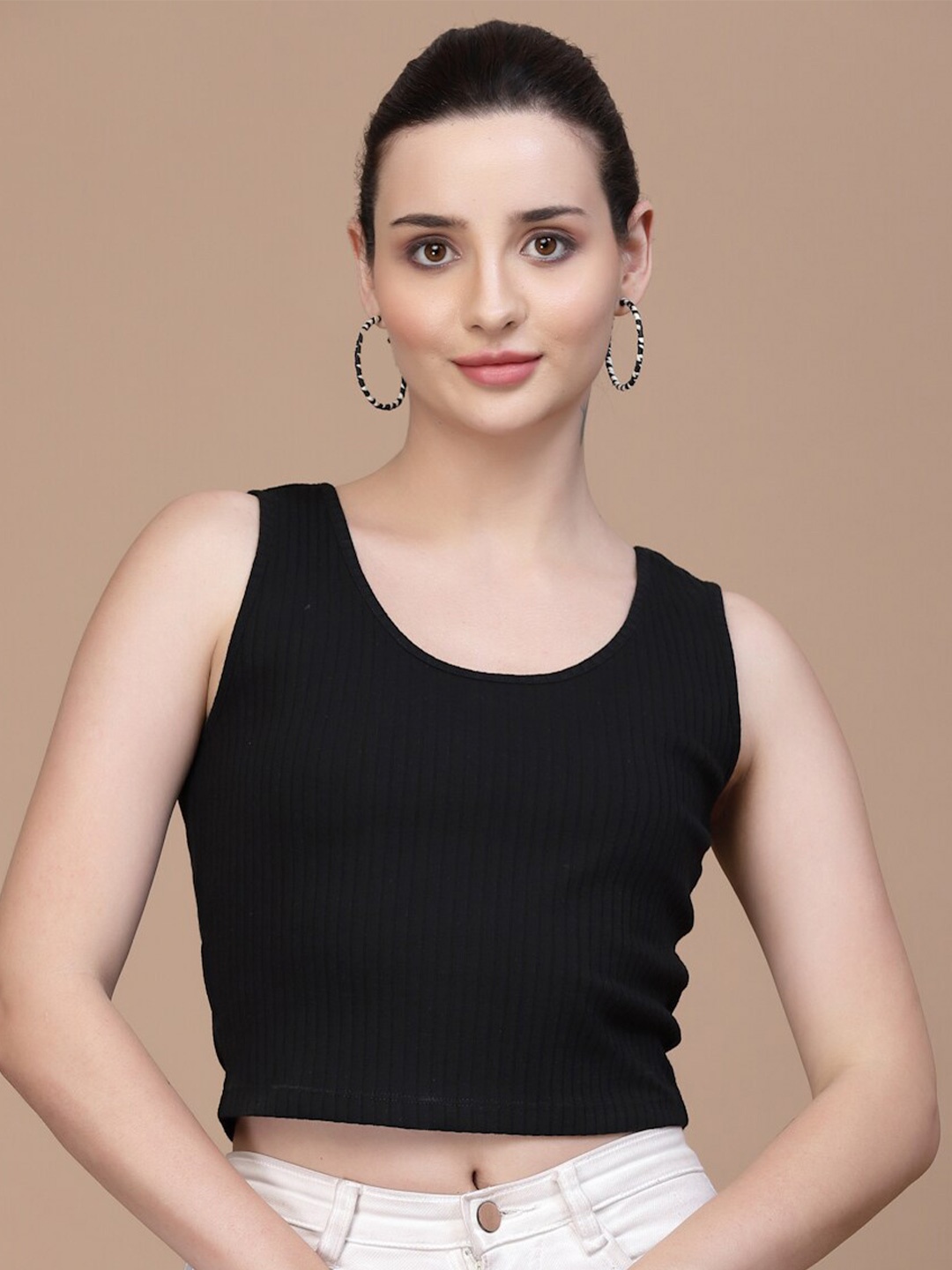 

Strong And Brave Odour Free Round Neck Sleeveless Cotton Fitted Crop Top, Black