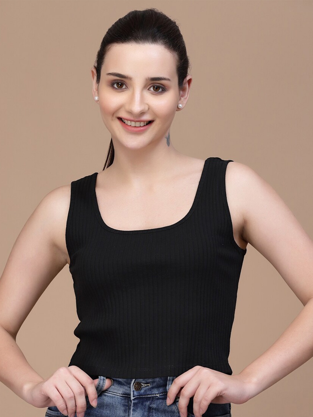 

Strong And Brave Odour Free Self Design Cotton Tank Top, Black