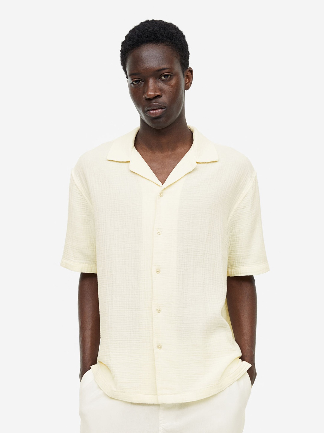 

H&M Regular Fit Pure Cotton Muslin Resort Shirt, White