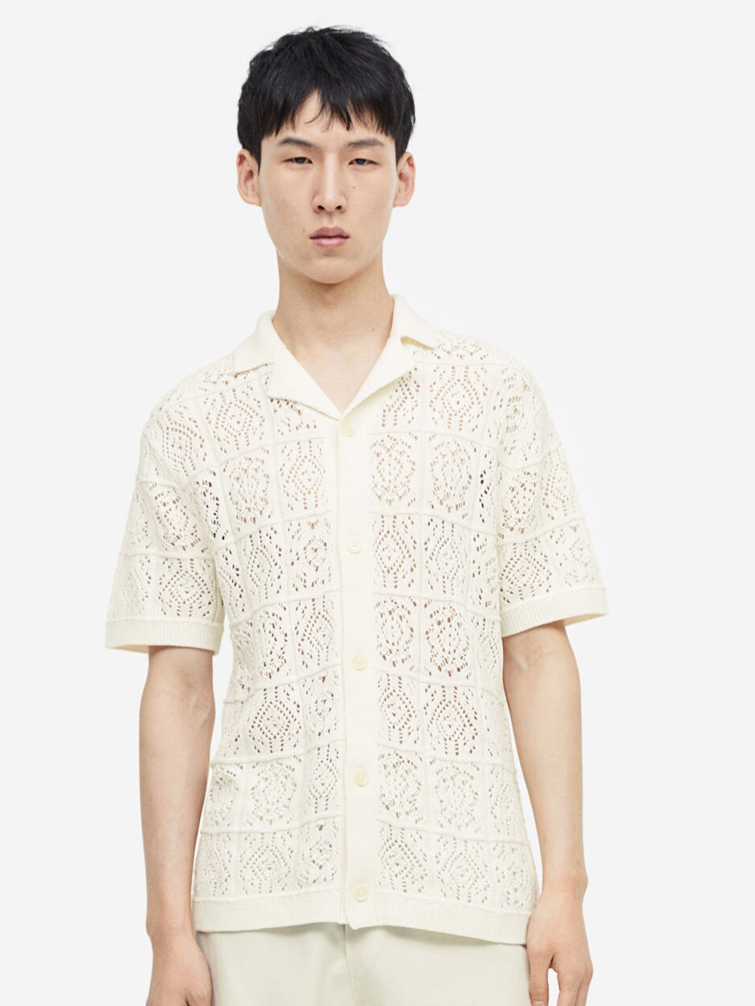 

H&M Regular Fit Crochet-Look Resort Shirt, White
