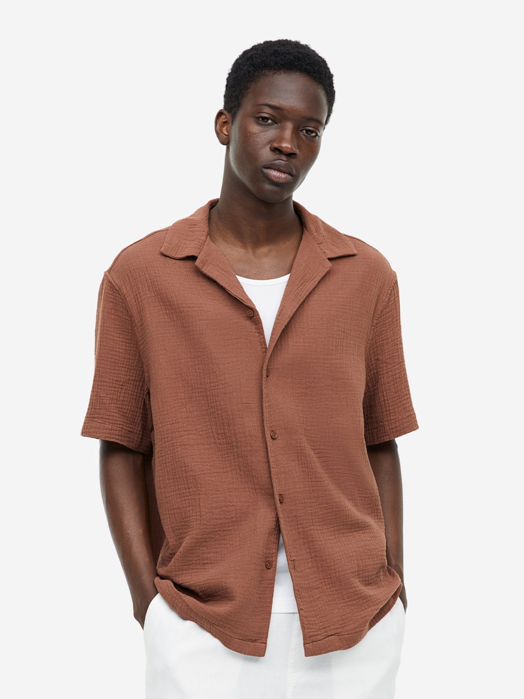 

H&M Regular Fit Muslin Resort Shirt, Brown