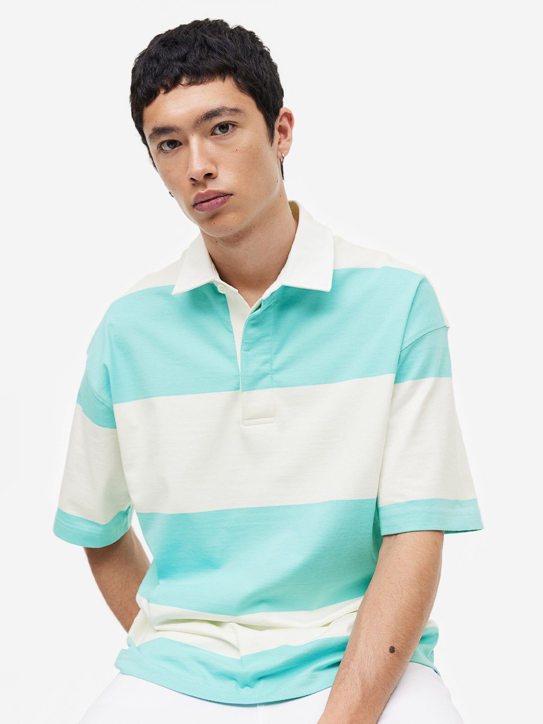 

H&M Oversized Fit Short-Sleeved Pure Cotton Rugby Shirt, White