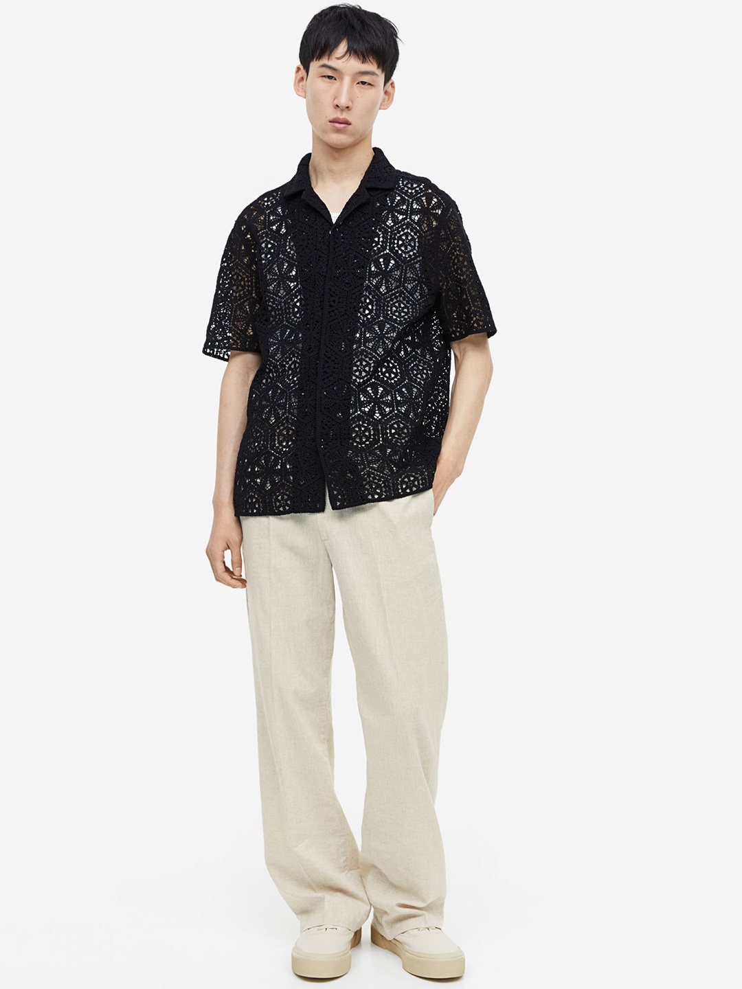 

H&M Men Loose Fit Linen-Blend Trousers, Off white