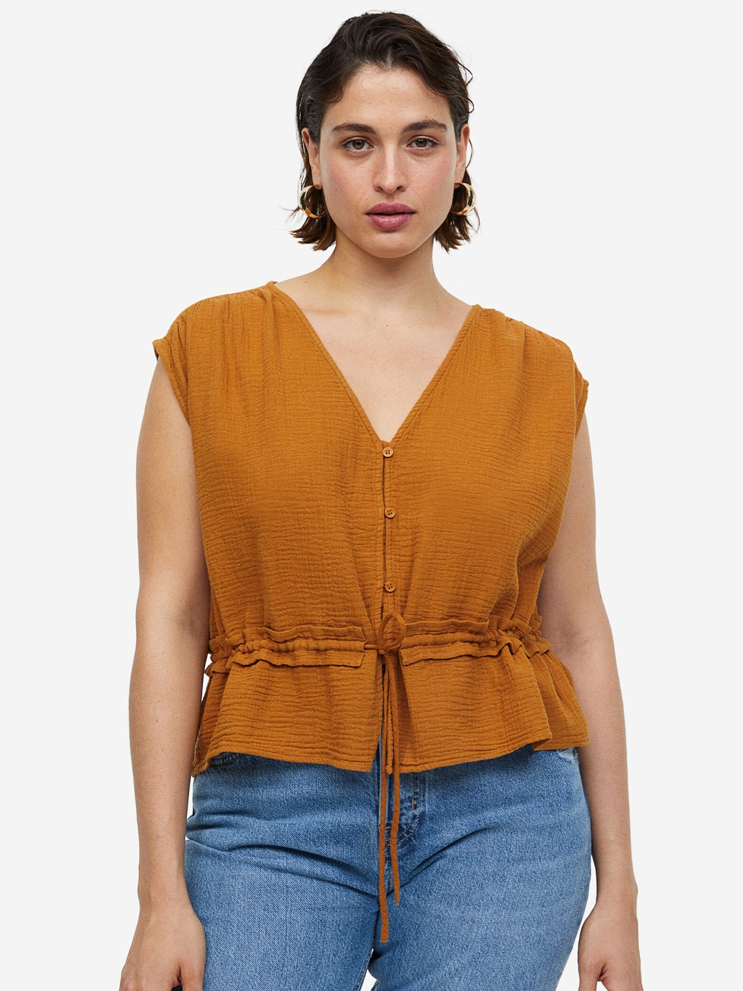 

H&M Crinkled Cotton Blouse, Mustard