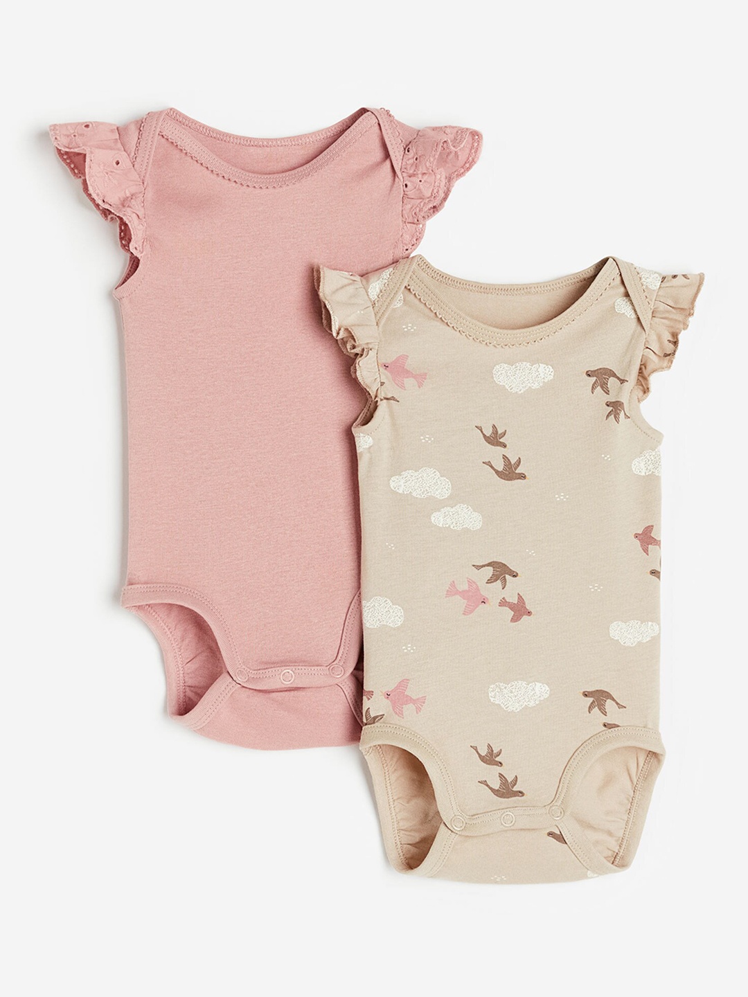 

H&M Infant Girls 2-Pack Picot-Trim Bodysuits, Beige