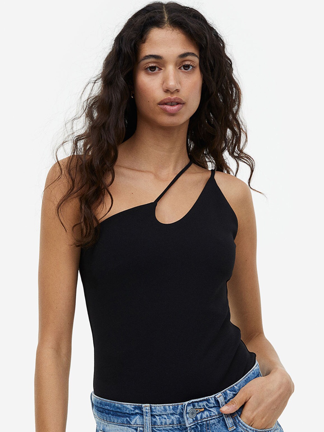 

H&M Women One Shoulder Thong Bodysuit, Black