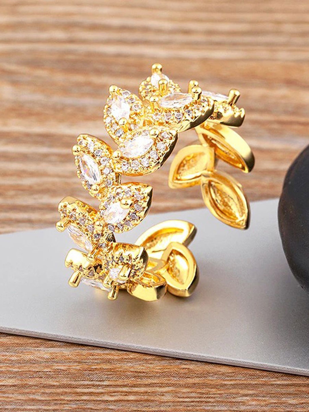 

ZIVOM Gold-Plated Cubic Zirconia Studded Leaf Shaped Finger Ring
