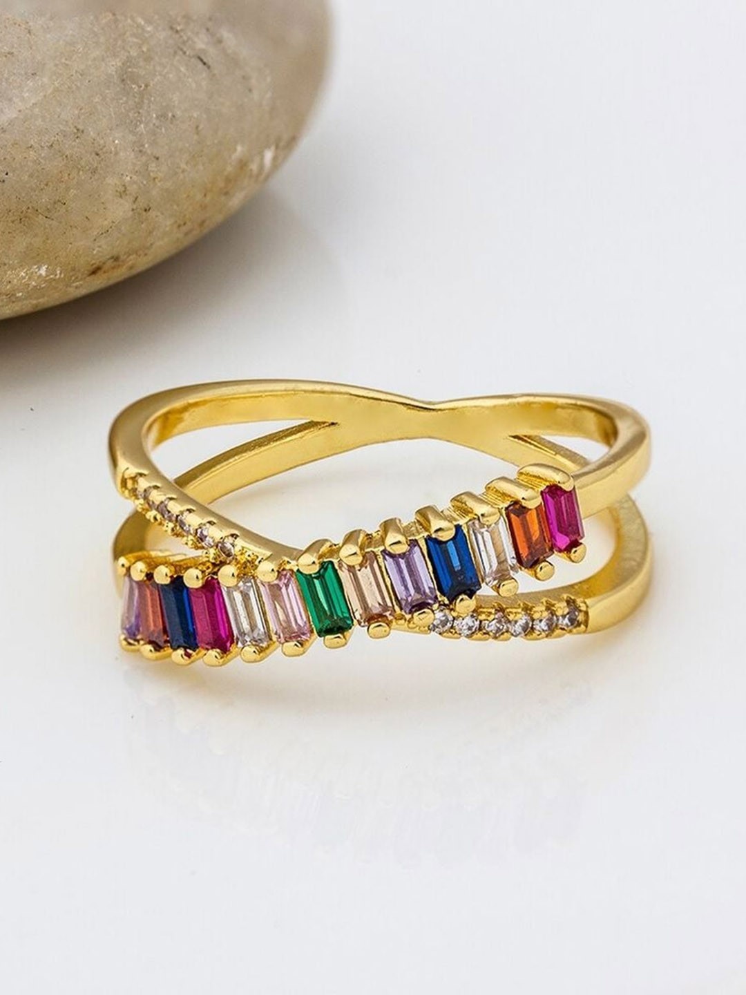

ZIVOM Gold-Plated Baguette American Diamond-Studded Criss-Cross Finger Ring