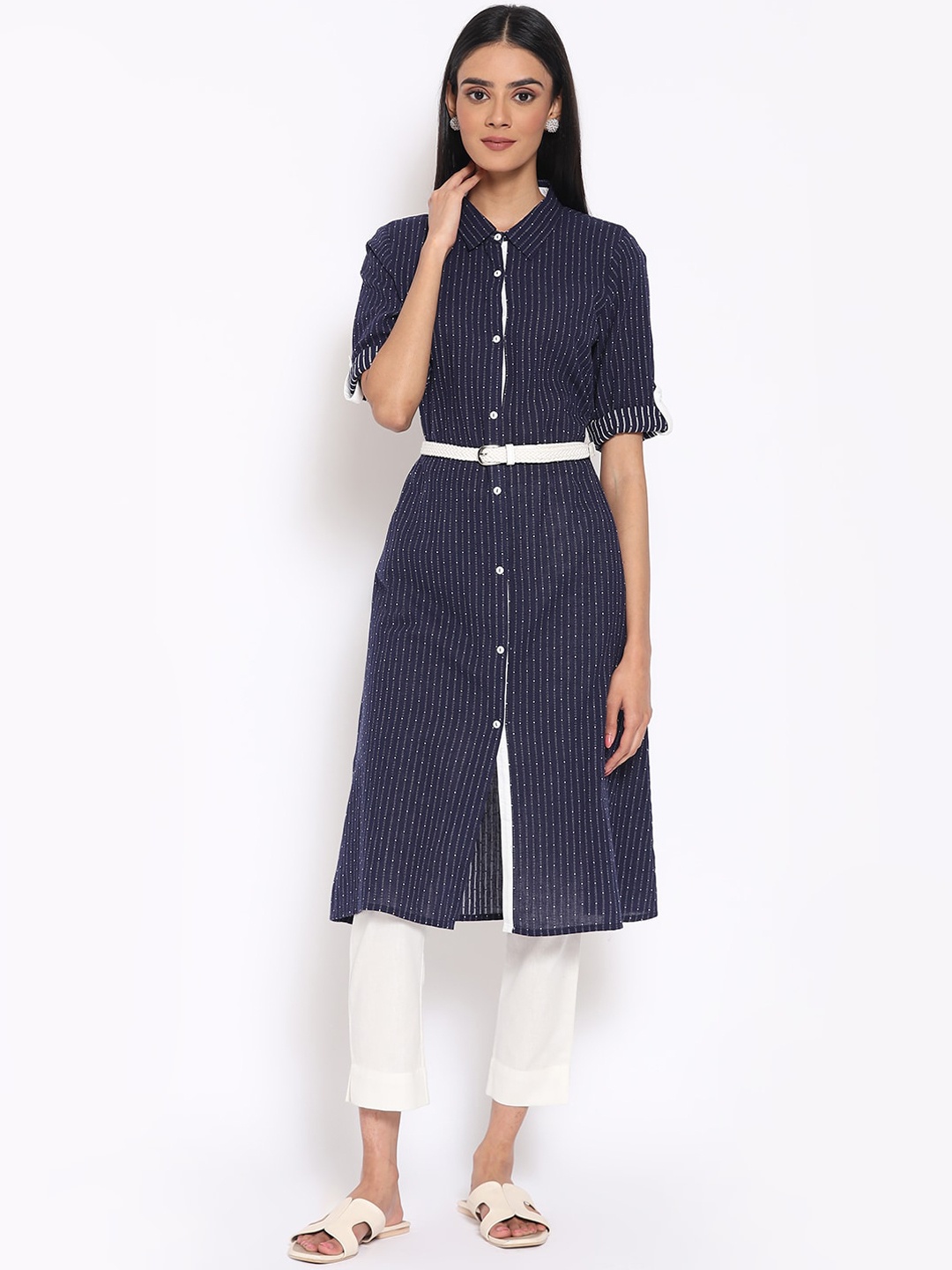 

AURELIA Striped Shirt Collar Roll-Up Sleeves Belted A-Line Pure Cotton Kurta with Trousers, Navy blue