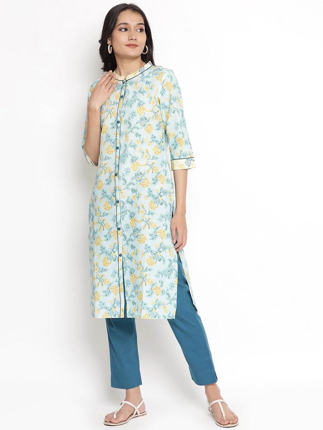 

AURELIA Floral Printed Mandarin Collar Kurta with Trousers, Sea green