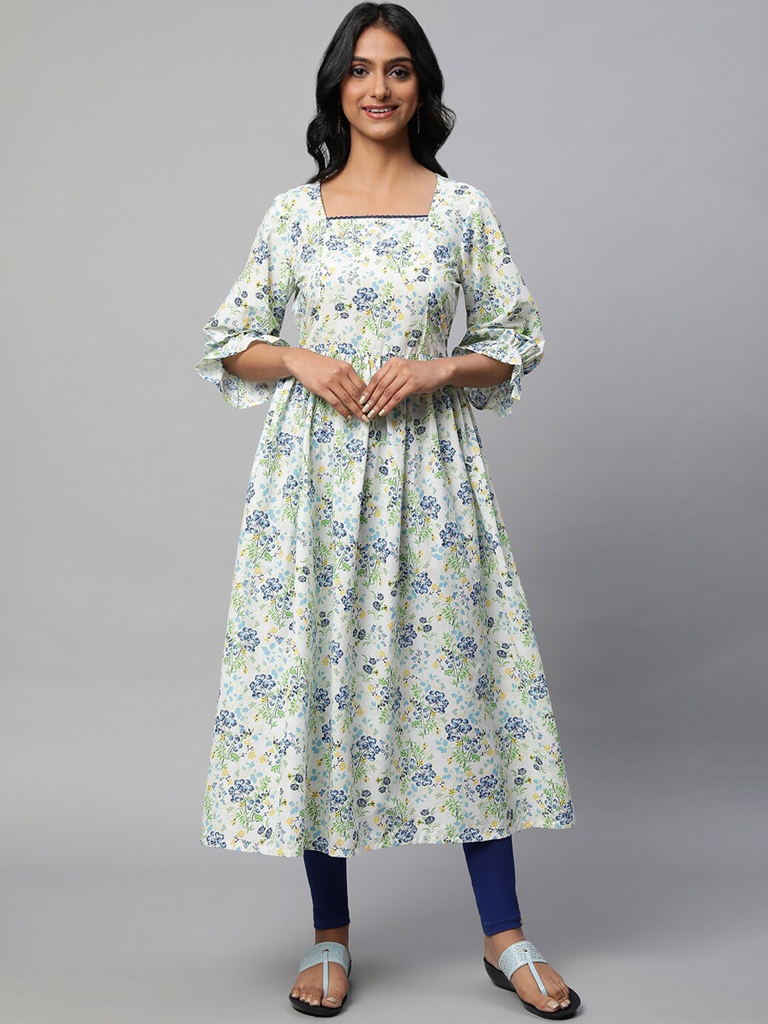

AURELIA Floral Printed Square Neck Puff Sleeves Anarkali Pure Cotton Kurta with Leggings, White