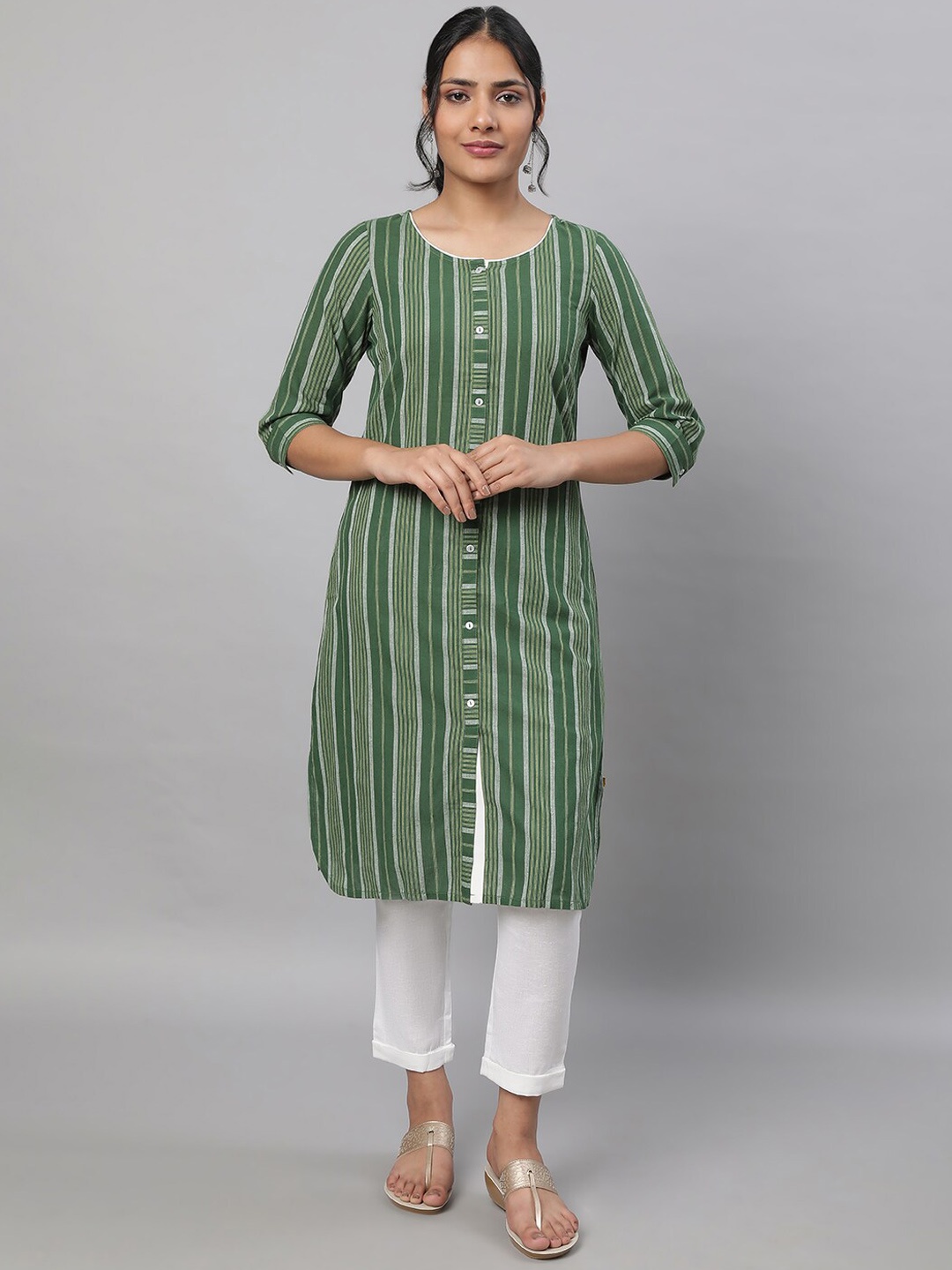 

AURELIA Striped Cuffed Sleeves Curved Pure Cotton Kurta with Trousers, Green