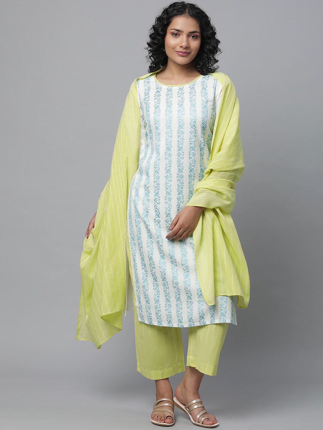 

AURELIA Ethnic Motifs Printed Pure Cotton Kurta with Palazzos & Dupatta, White