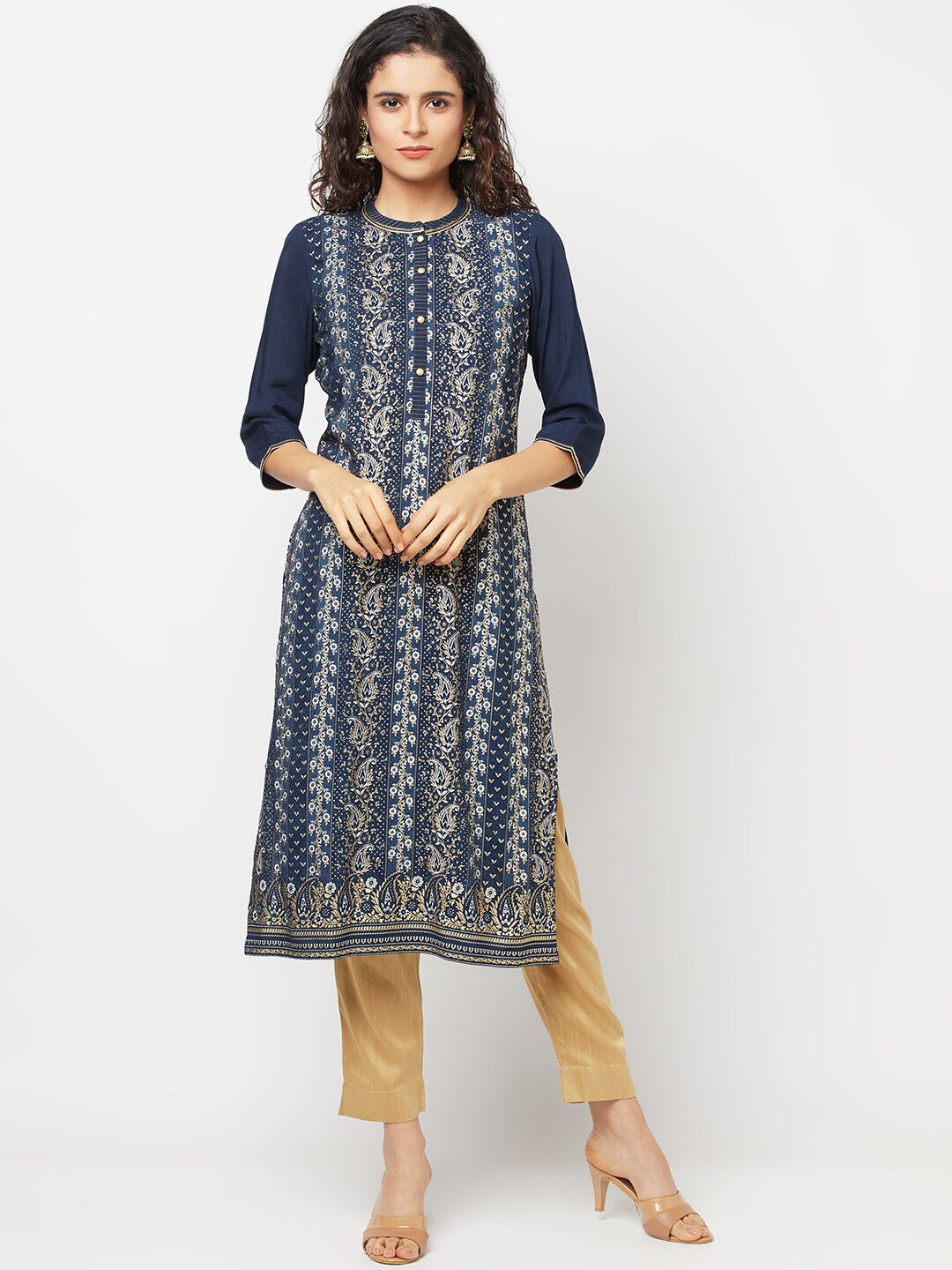 

AURELIA Ethnic Motifs Printed Mandarin Collar Sequinned Kurta with Trousers, Navy blue