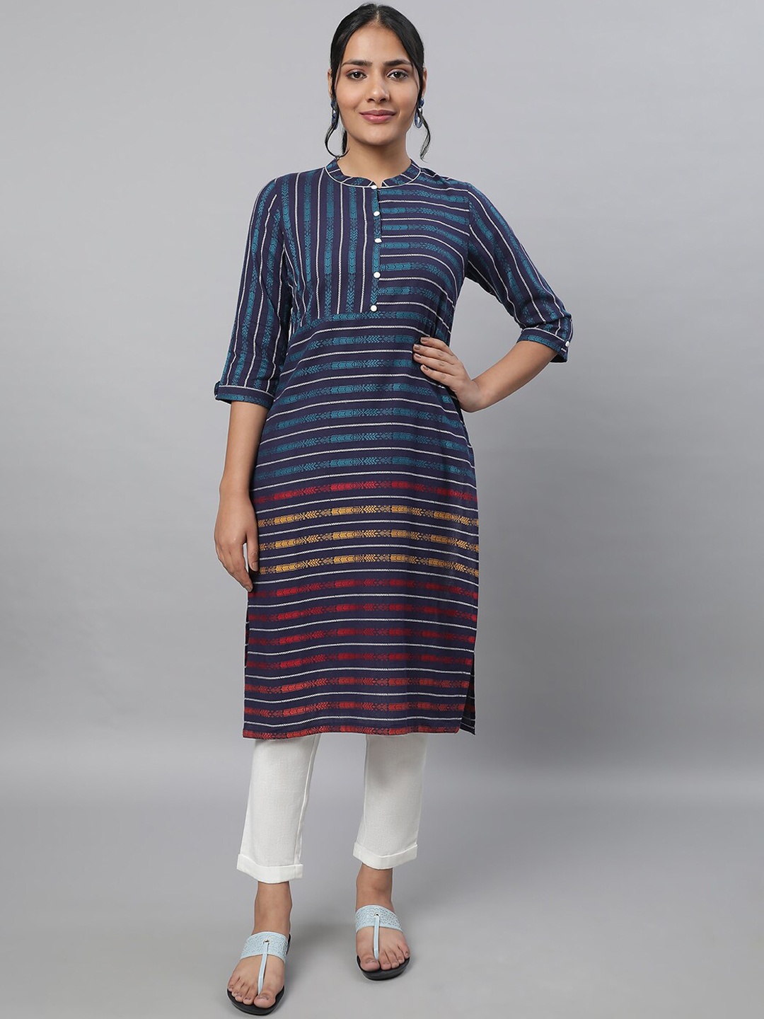 

AURELIA Striped Mandarin Collar Pure Cotton Kurta with Trousers, Navy blue