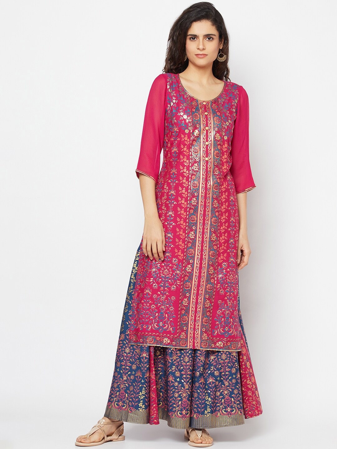 

AURELIA Ethnic Motifs Foil Printed Sequinned Kurta with Trousers, Pink