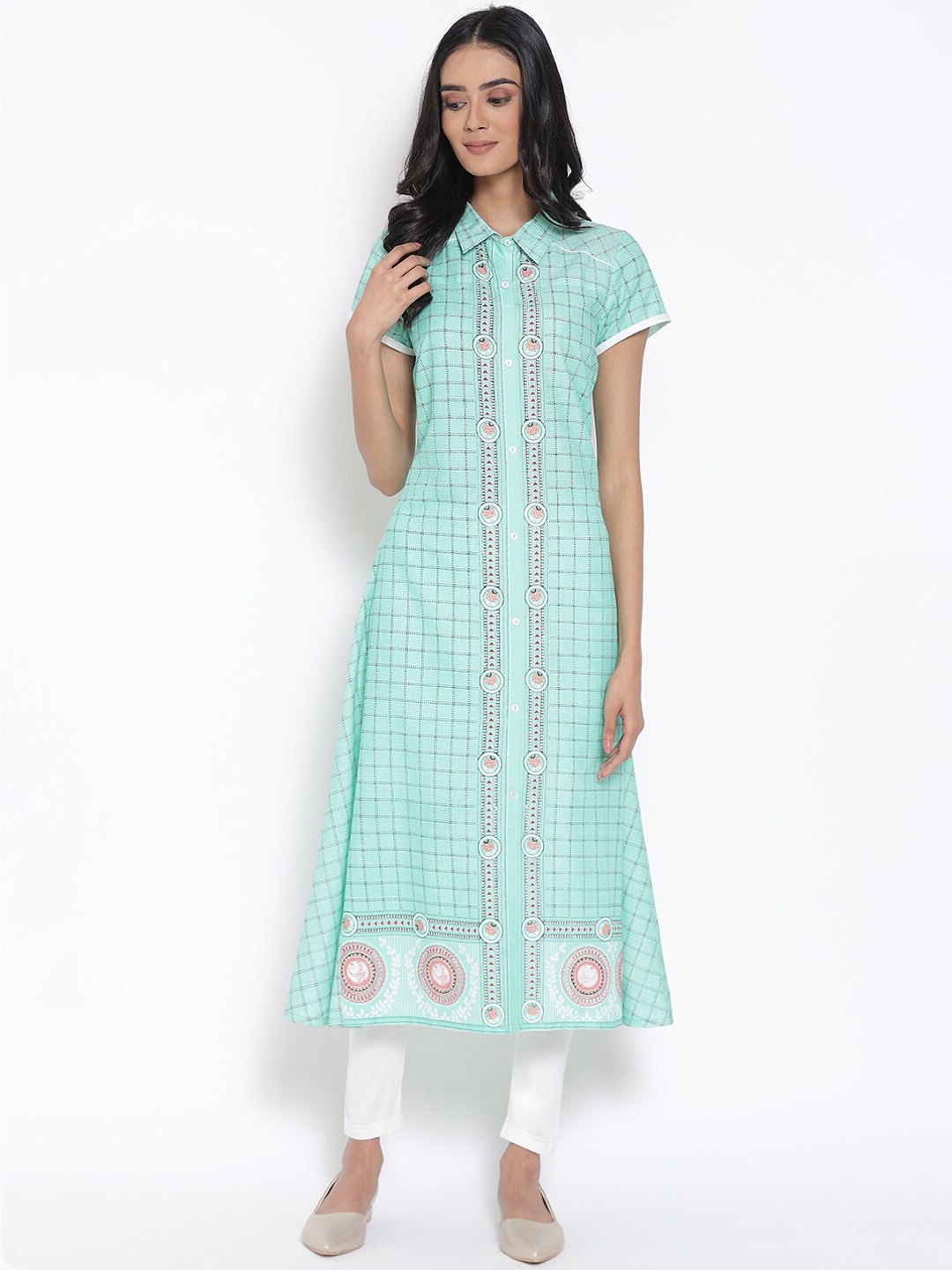 

AURELIA Checked Spread Collar A-Line Kurta With Leggings, Green