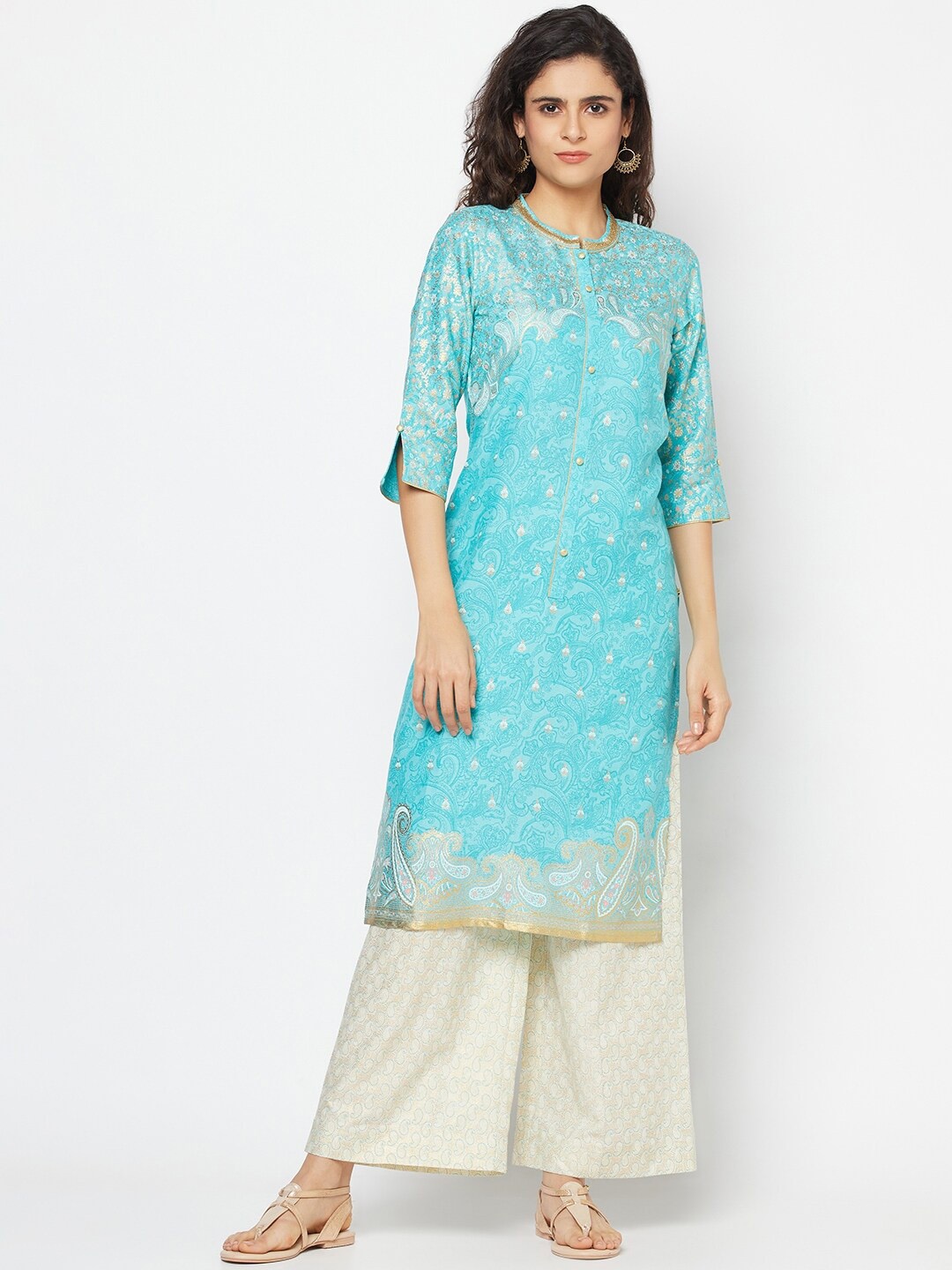 

AURELIA Ethnic Motifs Printed Sequined Kurta with Palazzos, Turquoise blue