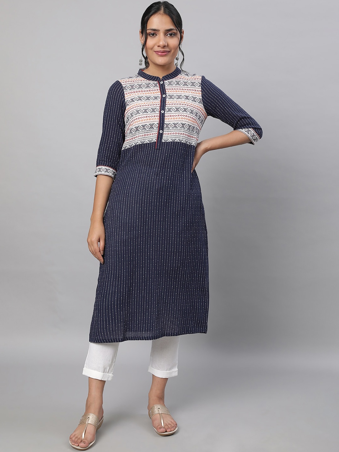 

AURELIA Geometric Woven Design Pure Cotton Kurta With Trousers, Blue