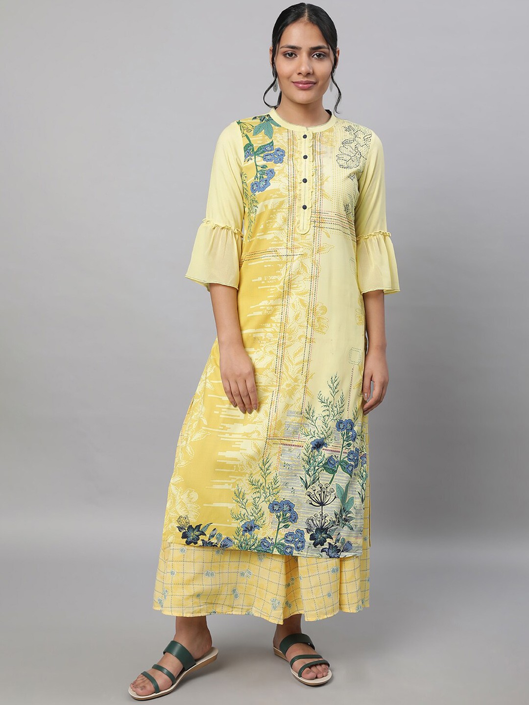 

AURELIA Floral Printed Pure Cotton Kurta With Palazzos, Yellow