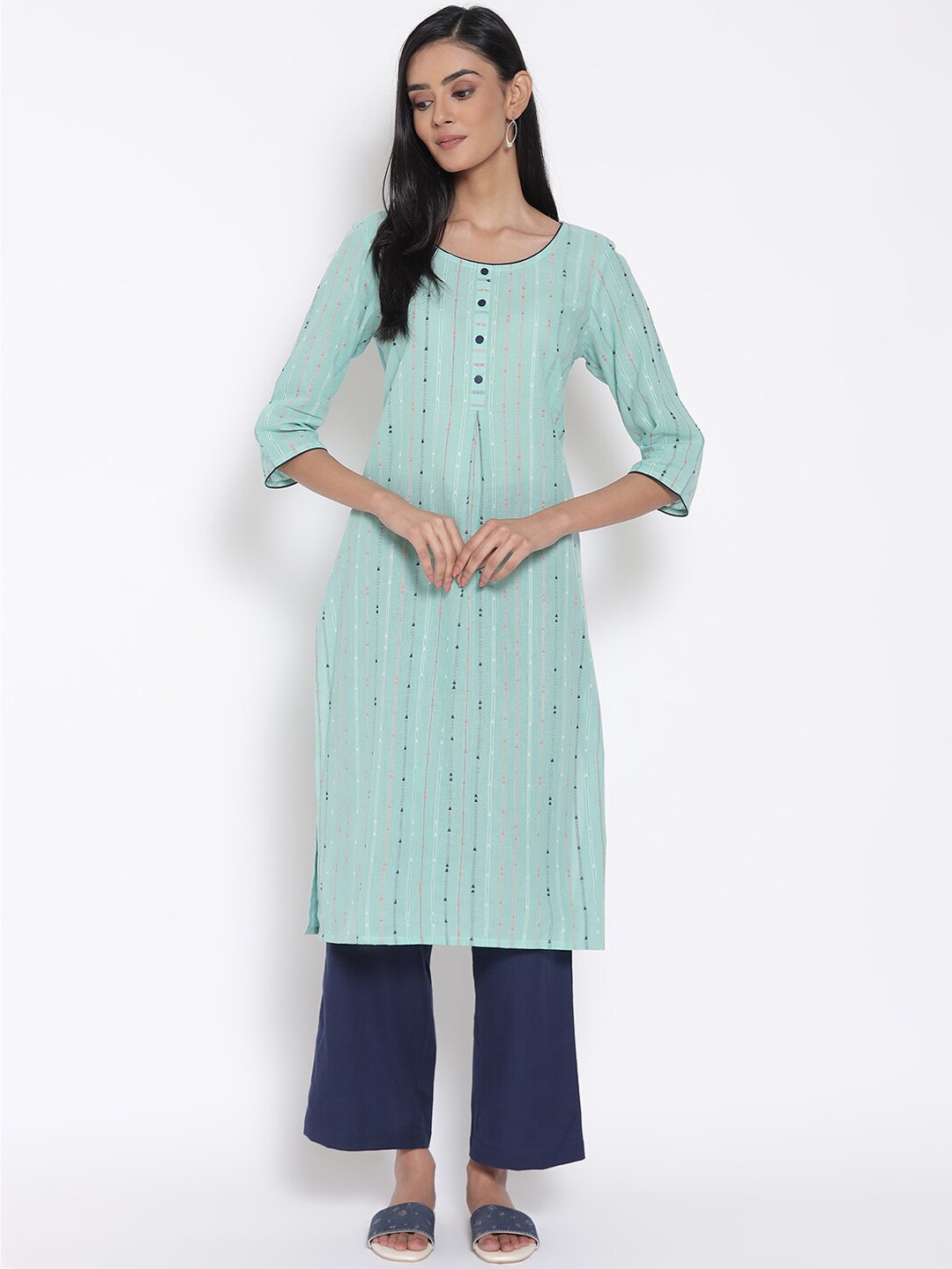 

AURELIA Striped A-Line Pure Cotton Kurta with Palazzos, Turquoise blue