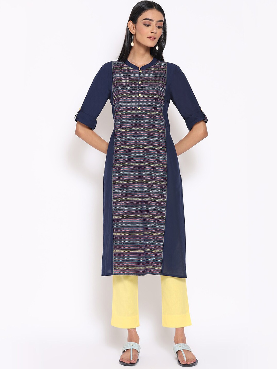 

AURELIA Striped Roll-Up Sleeves Panelled Pure Cotton Kurta with Trousers, Navy blue