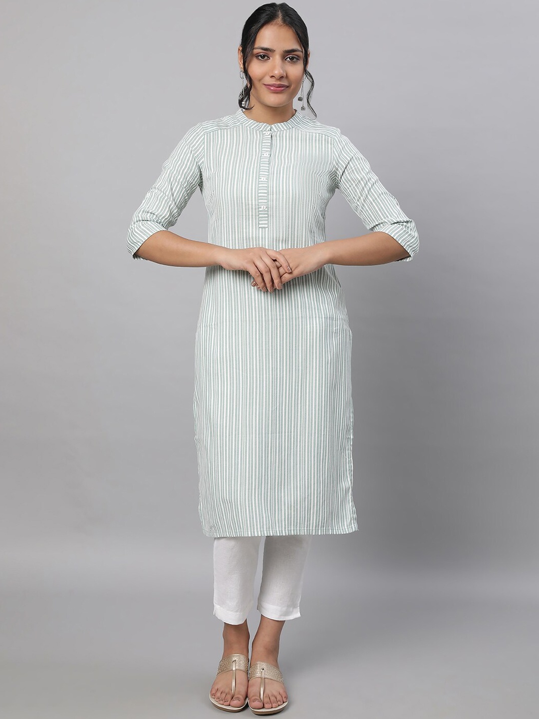 

AURELIA Striped Woven Design Pure Cotton Kurta With Trousers, Green