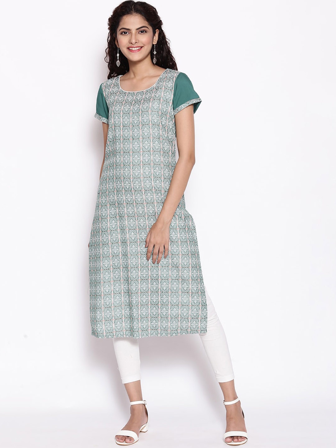 

AURELIA Ethnic Motifs Woven Design Pure Cotton Kurta With Leggings, Green