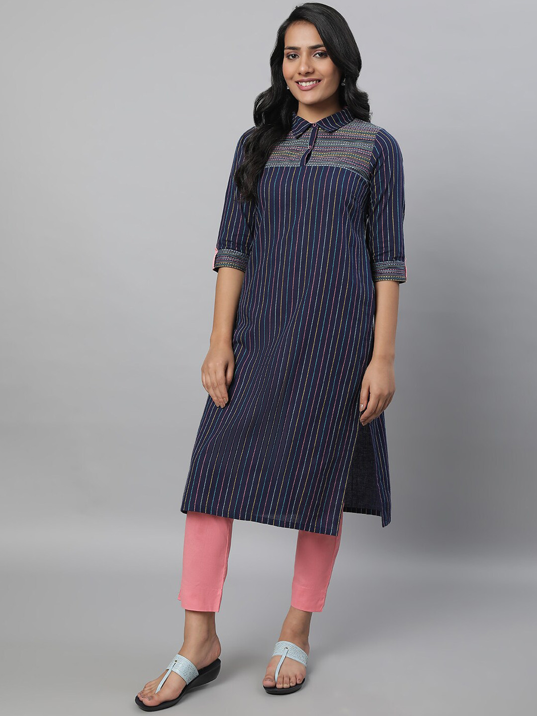 

AURELIA Striped Shirt Collar Pure Cotton Kurta with Trousers, Navy blue