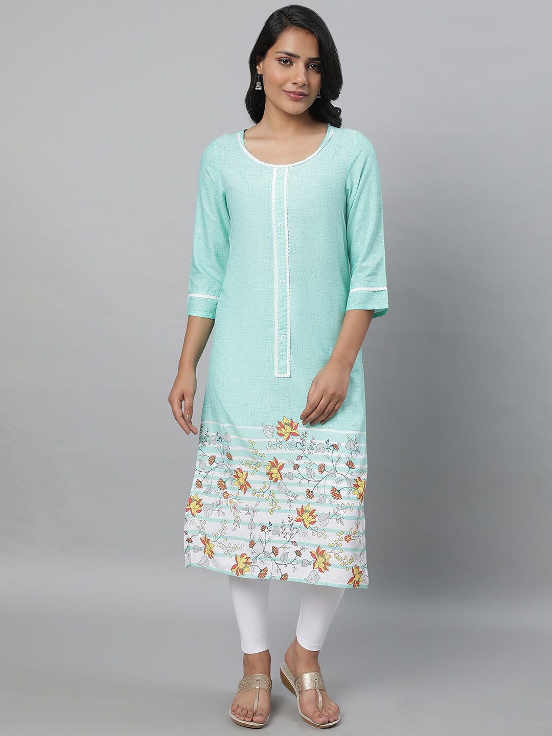 

AURELIA Floral Printed Gotta Patti Kurta with Leggings, Sea green