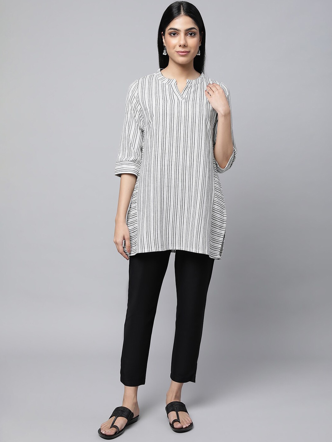 

AURELIA Striped Regular Kurti With Trousers, White