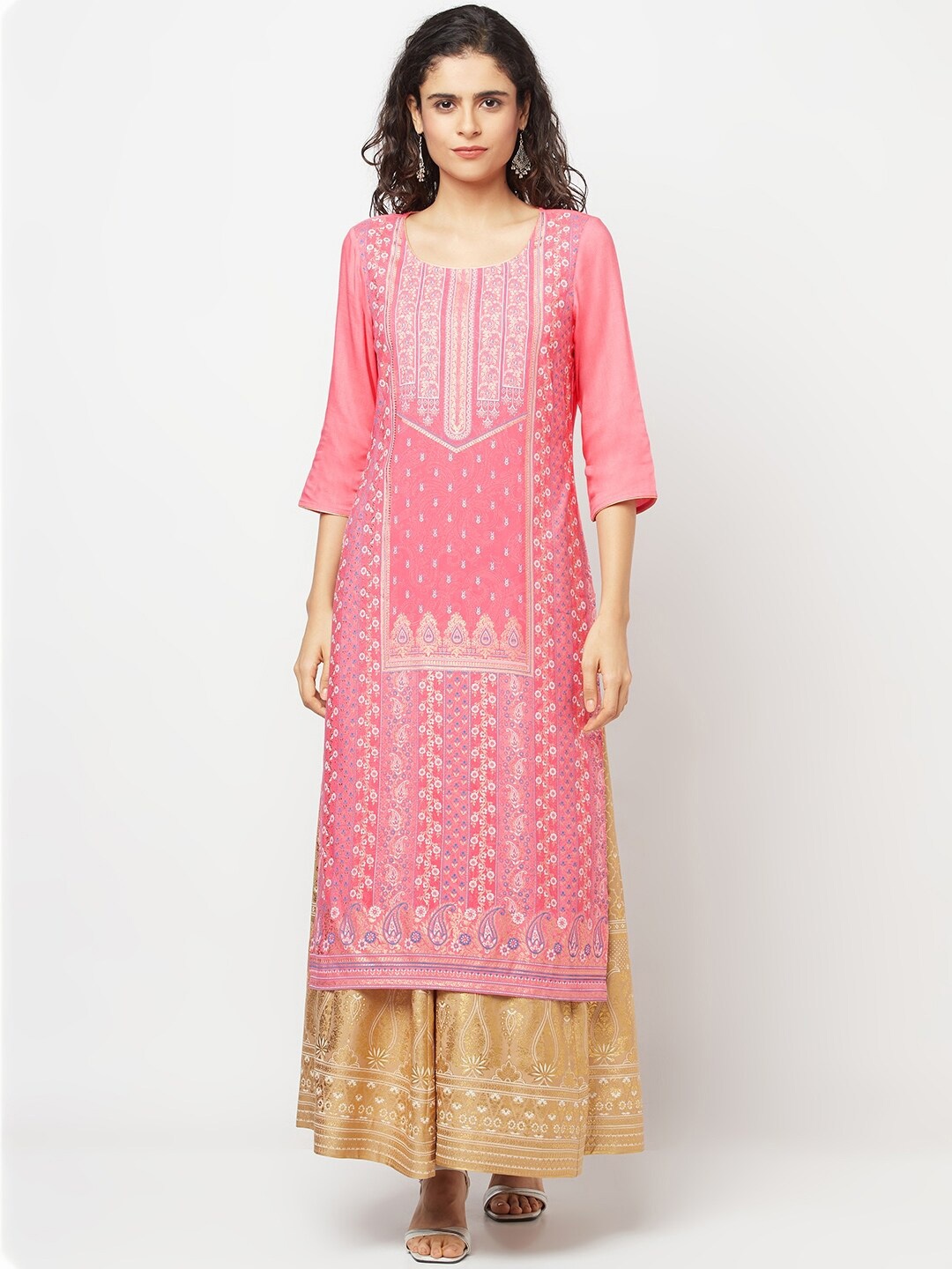 

AURELIA Ethnic Motifs Printed Regular Kurta with Skirt, Pink