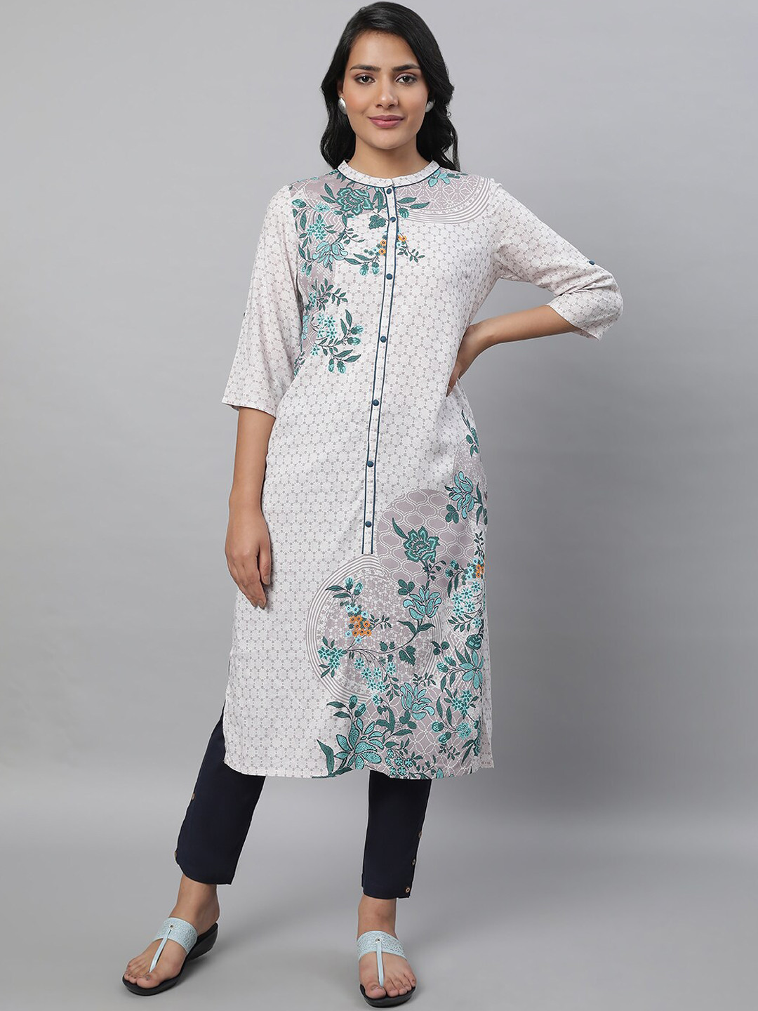 

AURELIA Floral Printed Pure Cotton Kurta With Trousers, White