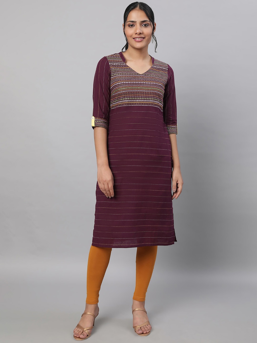 

AURELIA Striped Printed Regular Pure Cotton Kurta With leggings, Brown