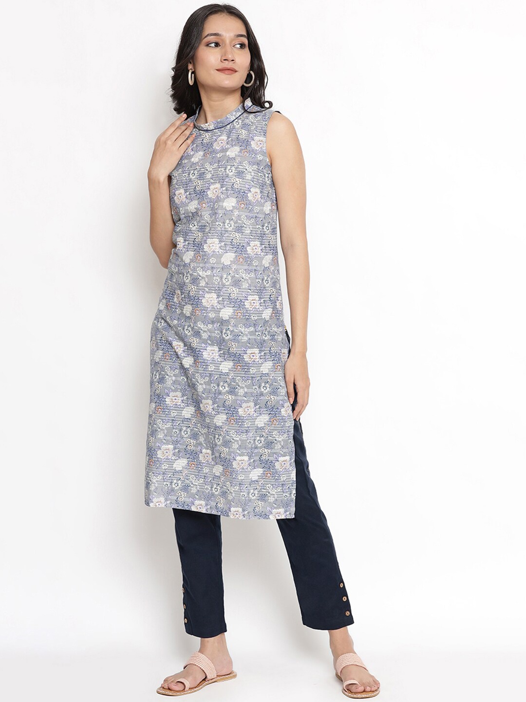 

AURELIA Floral Printed Band Collar Pure Cotton Kurta with Trousers, Grey