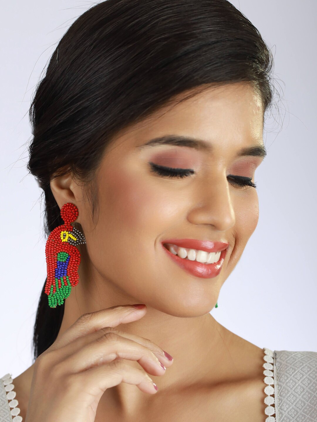 

Sangria Stone-Beaded Parrot Shaped Drop Earrings, Red