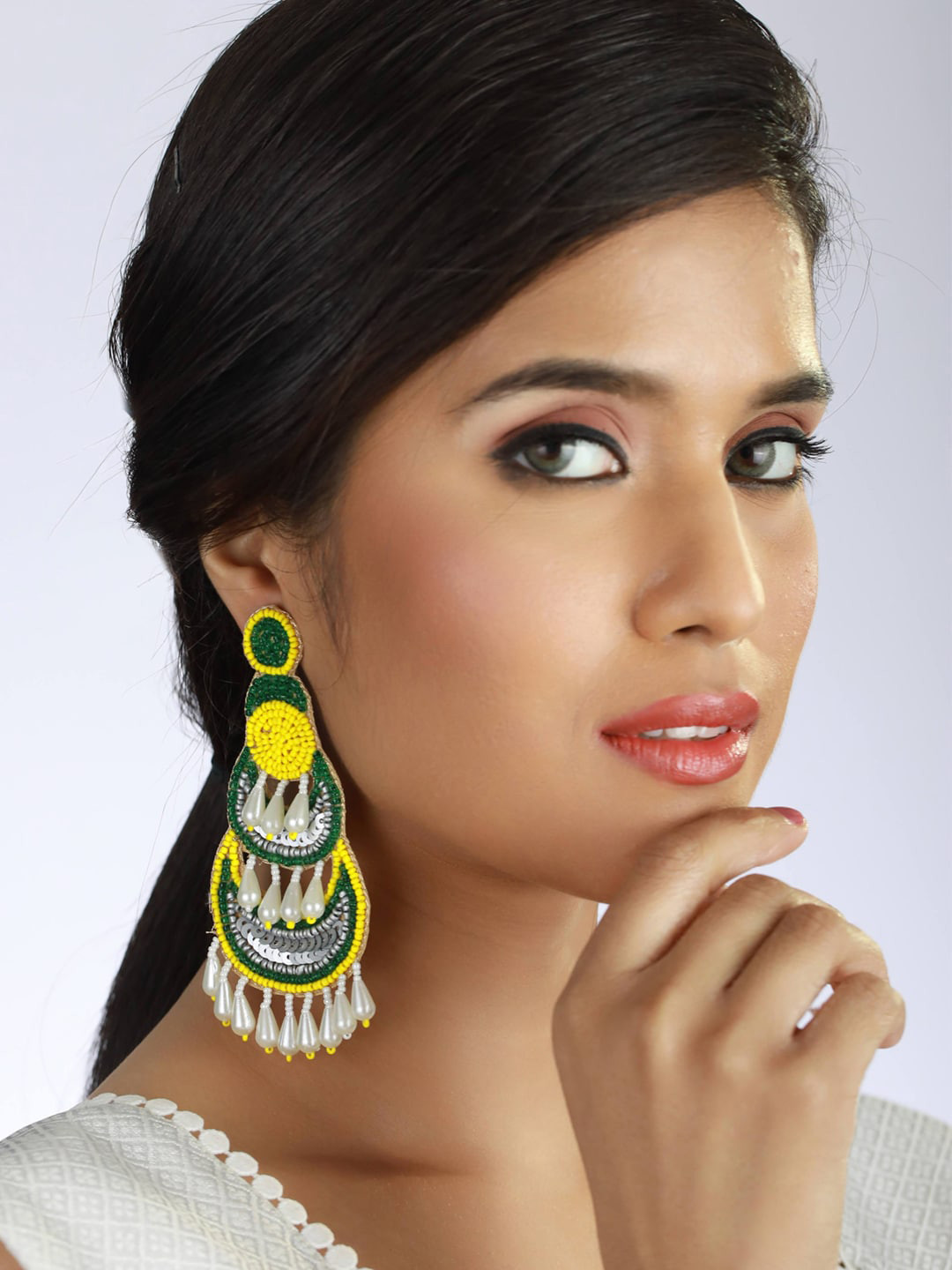 

Sangria Stone-Studded & Pearl-Beaded Chandbali Earrings, Yellow