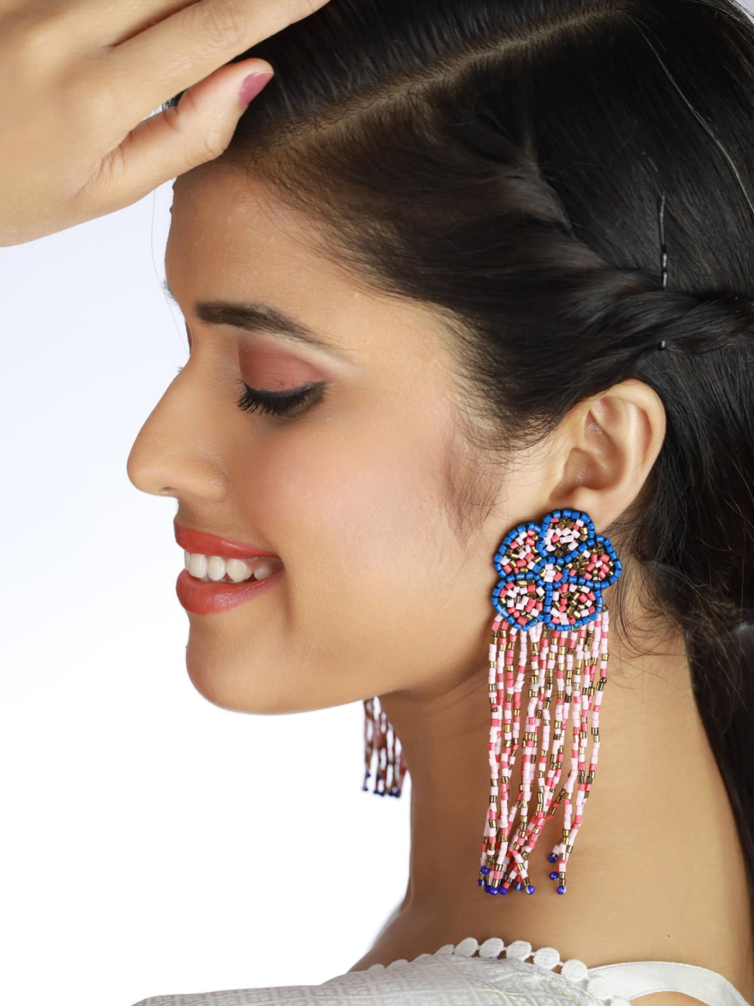 

Sangria Gold-Toned & Blue Gold-Plated Stone-Beaded Afghan Drop Earrings