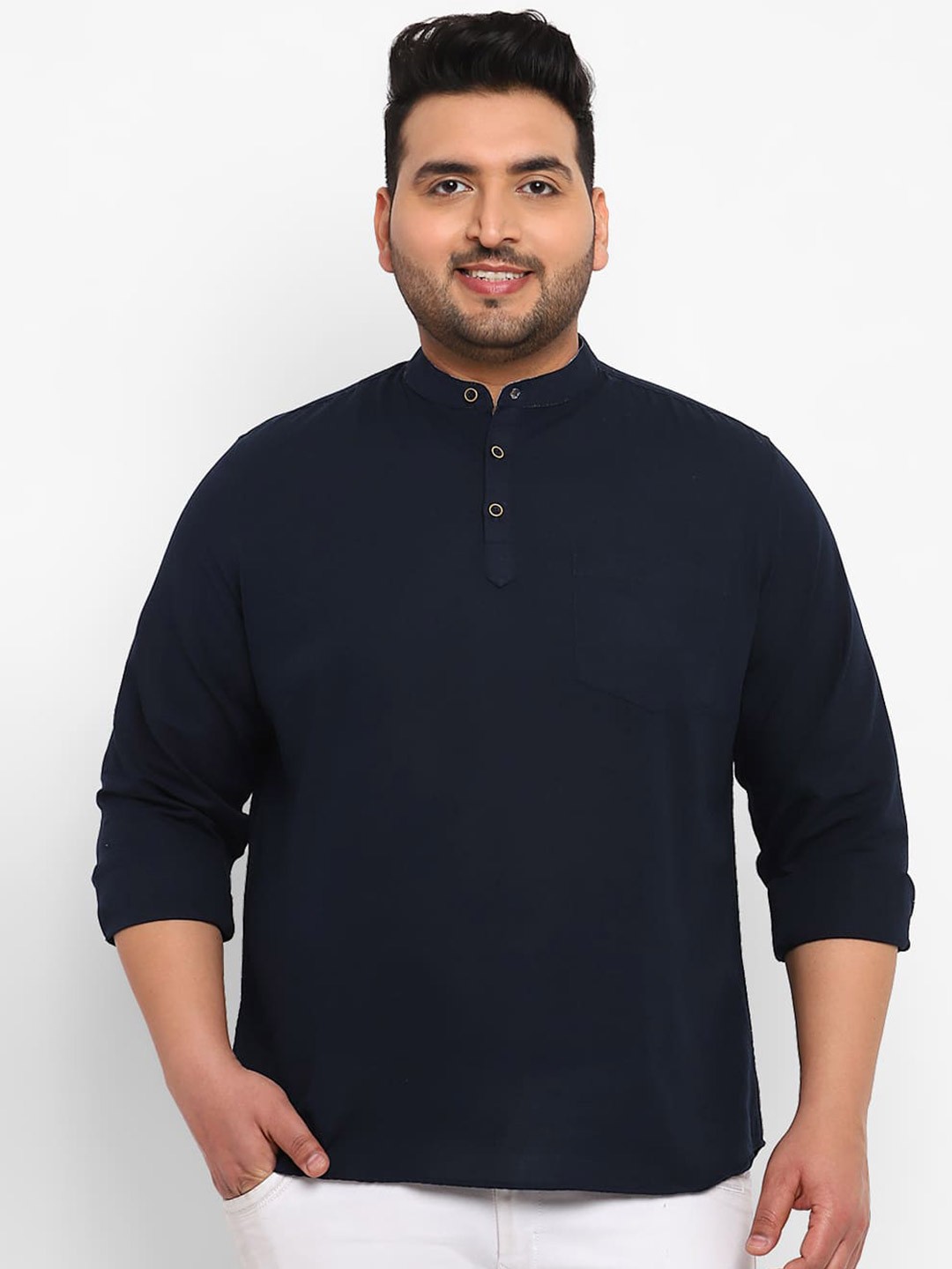 

Urbano Plus Plus Size Mandarin Collar Cotton Casual Shirt, Navy blue