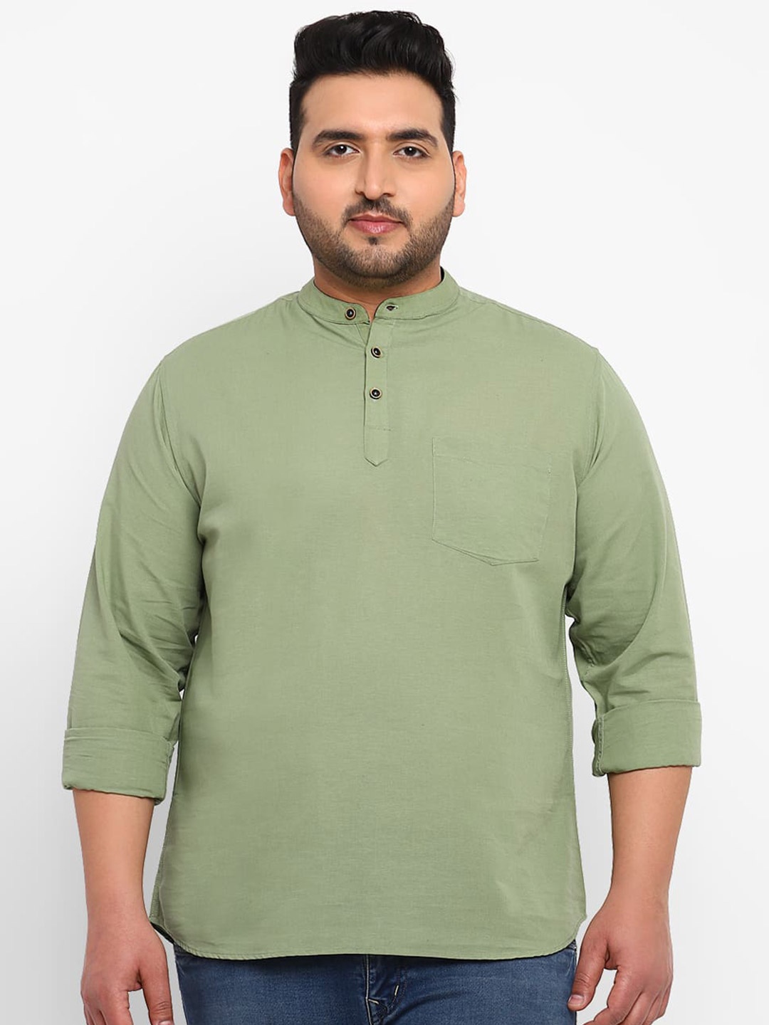 

Urbano Plus Mandarin Collar Pure Cotton Casual Shirt, Green